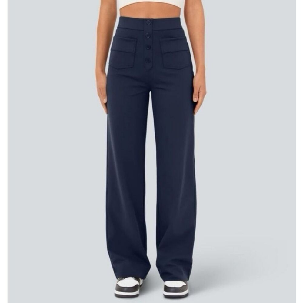 Halara High Waisted Button Pants Straight Wide Leg Navy Blue Women's Large - Picture 2 of 9